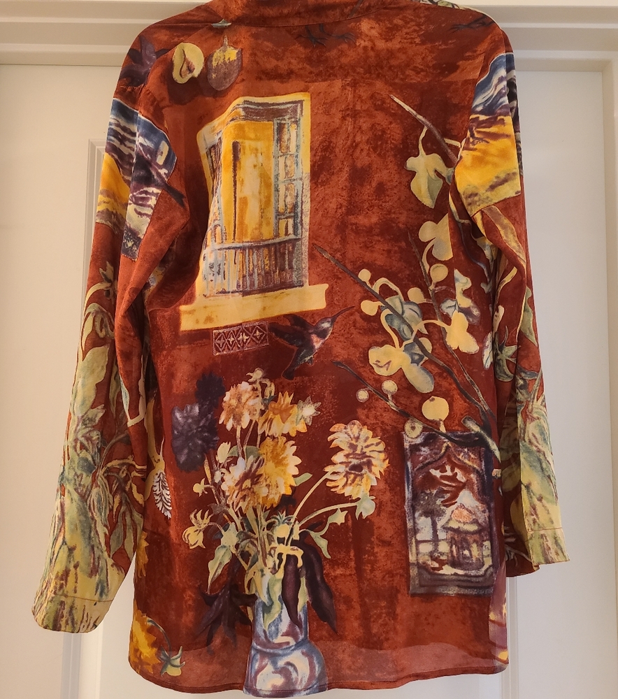 Citron Santa Monica Red Patterned Silk Button Down Long Sleeve Tunic Blouse Smal - Picture 9 of 12